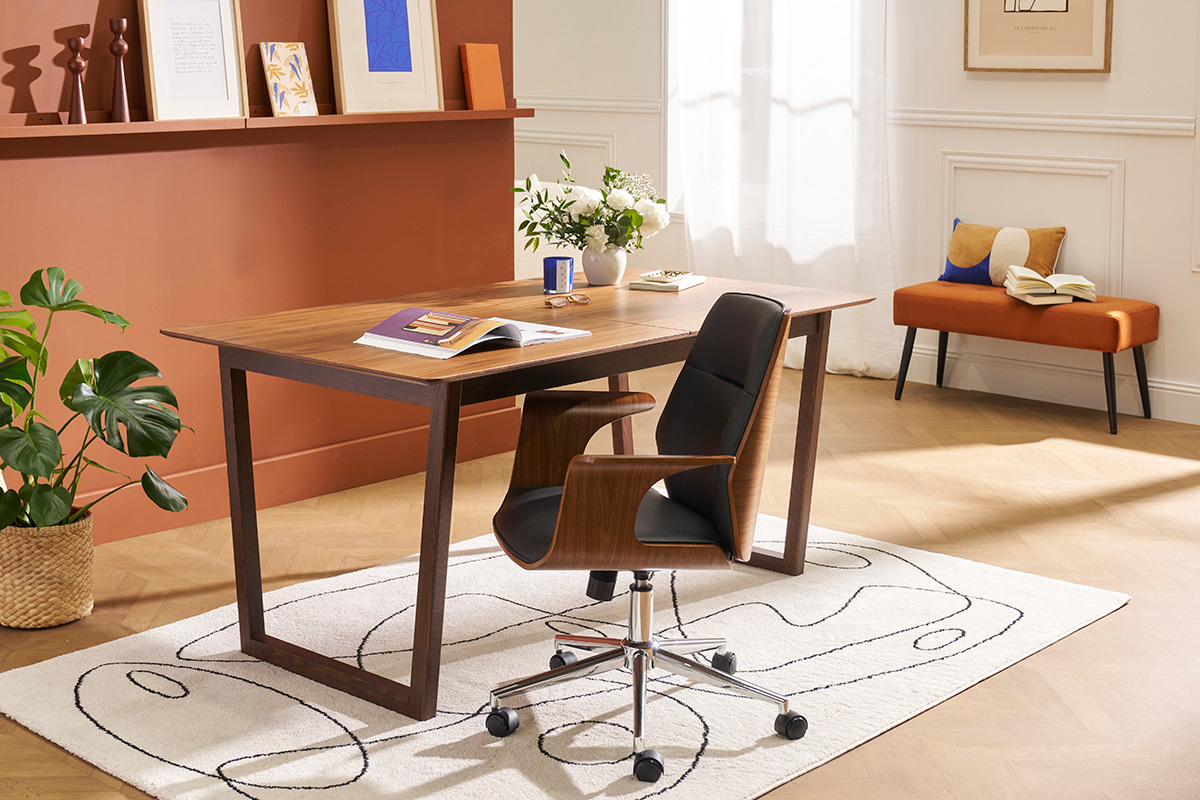 Silla de oficina moderna negra con madera oscura RUFIN
