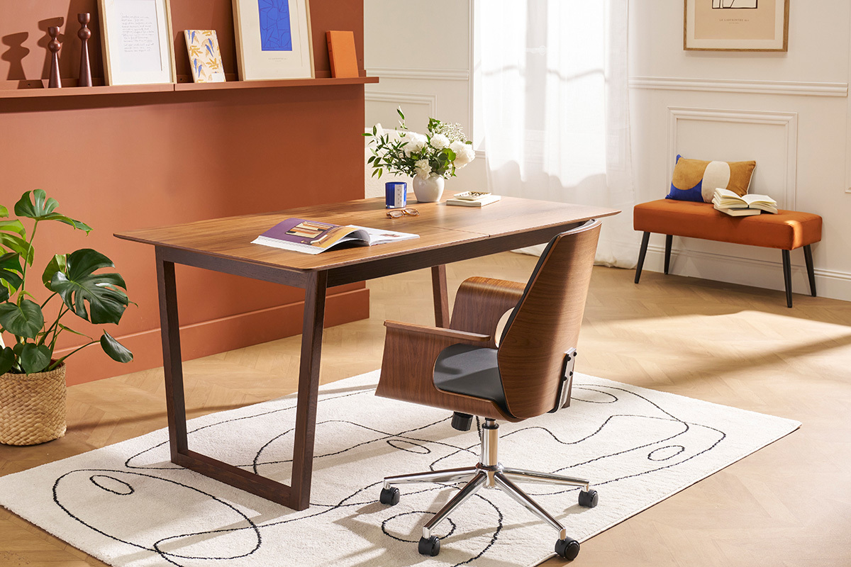 Silla de oficina moderna negra con madera oscura RUFIN