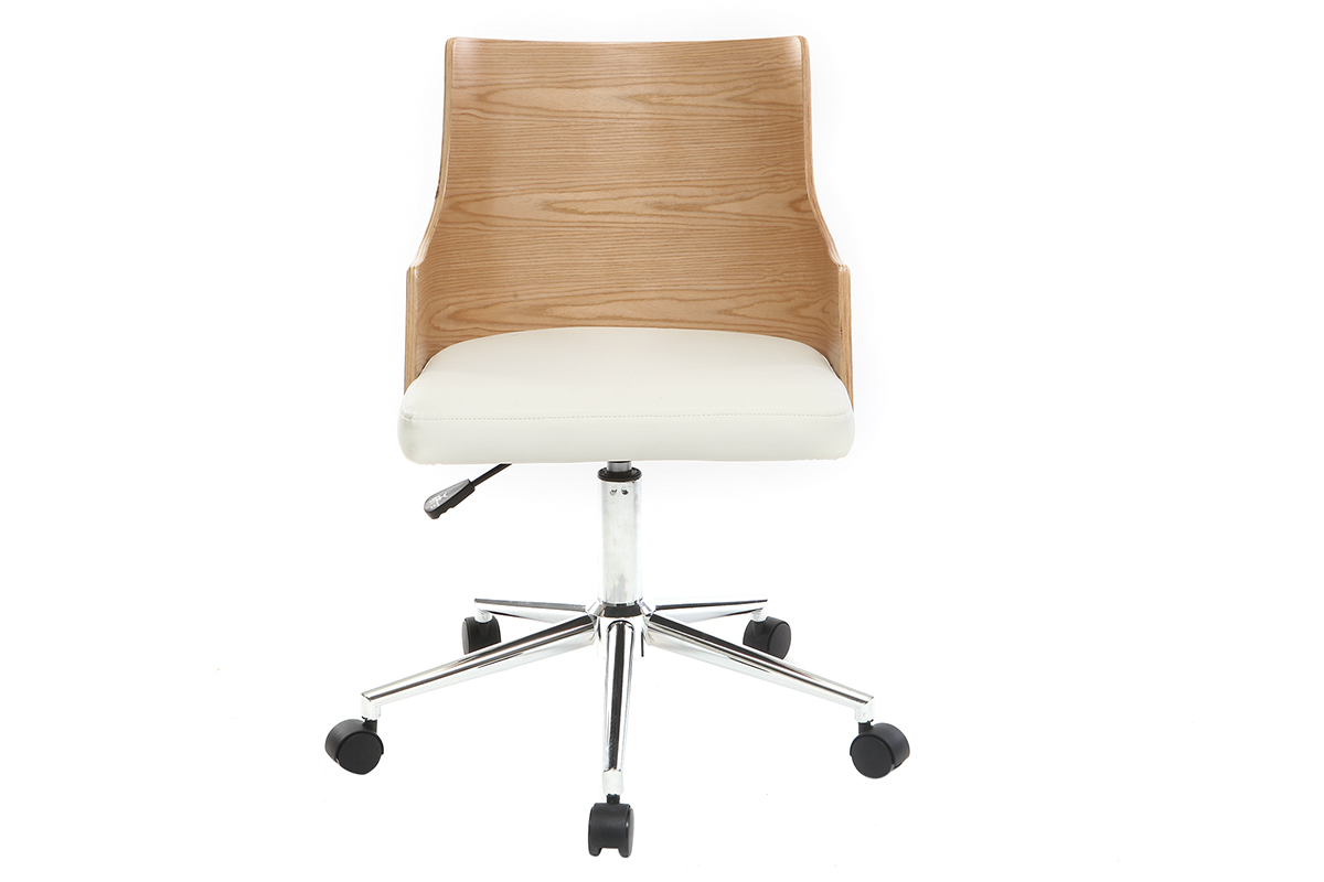 Silla de oficina moderna PU blanca y madera clara MAYOL