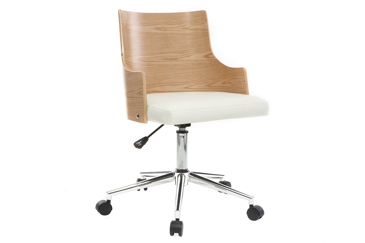 Silla de oficina moderna PU blanca y madera clara MAYOL