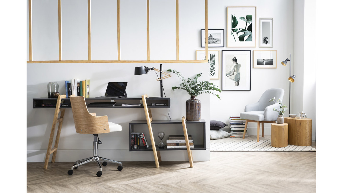 Silla de oficina moderna PU blanca y madera clara MAYOL