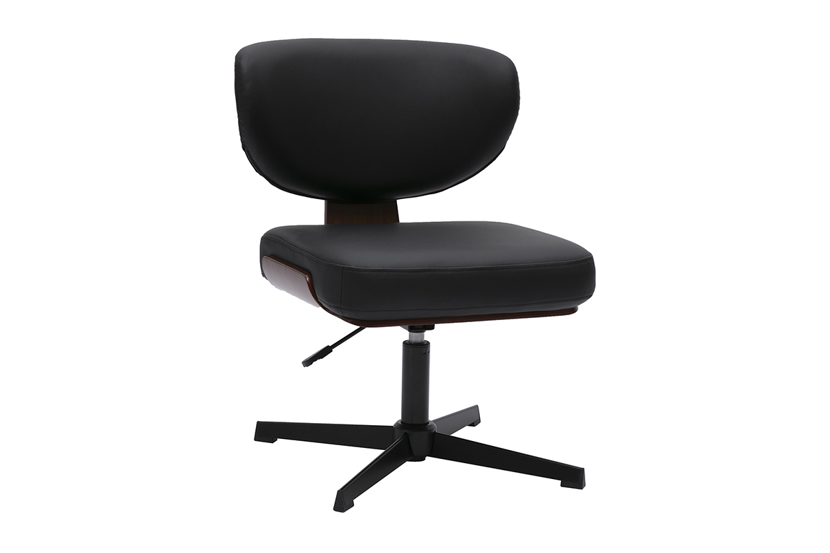 Silla de oficina negra y madera oscura de nogal con base en forma de estrella, vista de 3/4.