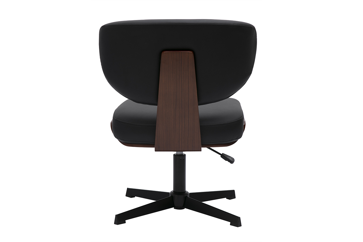 Silla de oficina HANZ vista desde atr�s, estructura de madera de nogal y asiento de poliuretano negro.