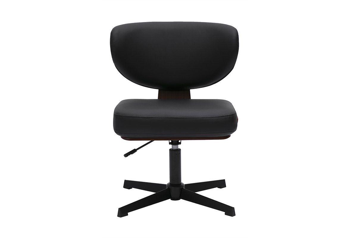 Silla de oficina HANZ negra, vista frontal, madera curvada acabado nogal, base estrella en metal negro.