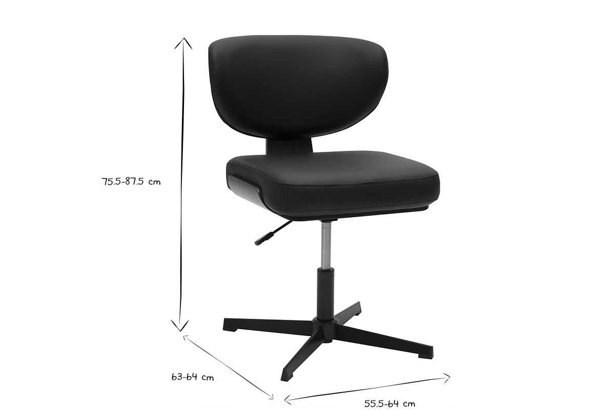 Silla de oficina negra HANZ, dimensiones en negro y blanco indicadas: altura 75,5-87,5 cm, ancho 55,5-64 cm.