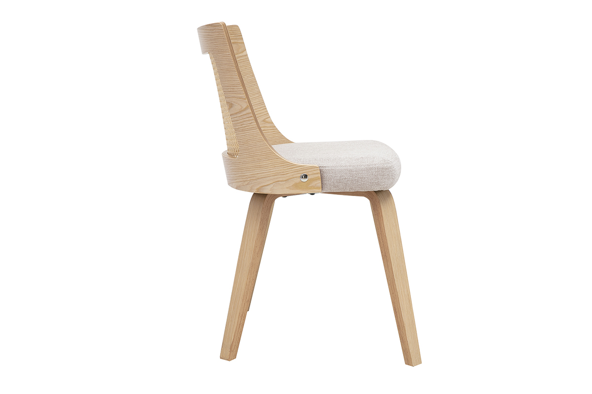 Silla GARBO vista de perfil, en tejido con efecto terciopelo beige con madera clara y rejilla de rat�n.