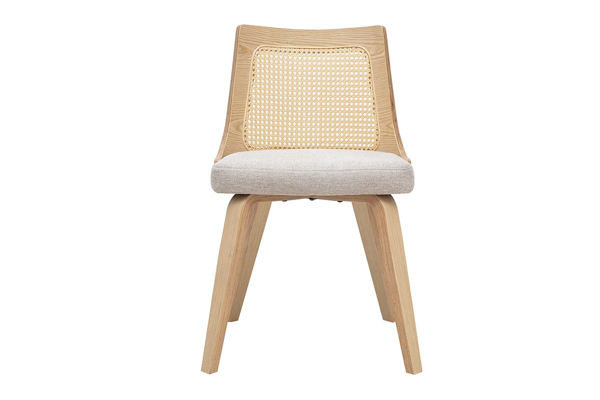 Silla GARBO de tela beige, madera clara y rejilla de rat�n, vista frontal