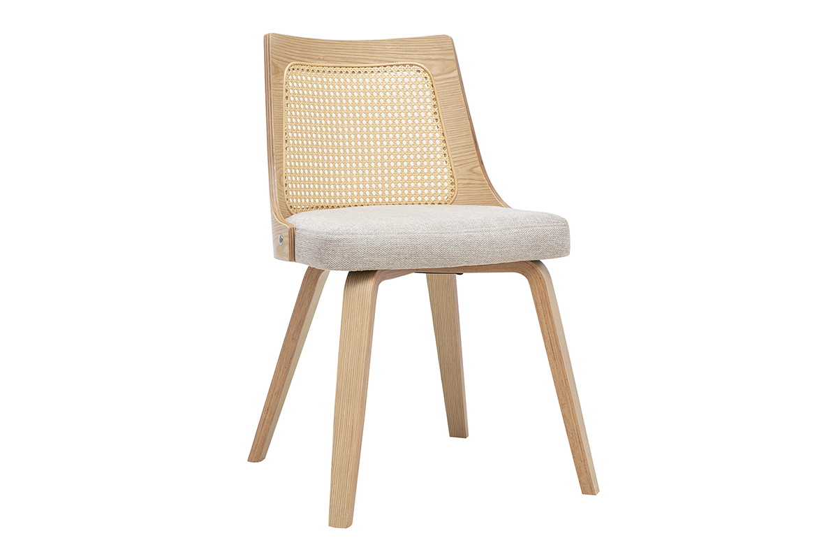 Silla GARBO en tejido beige efecto terciopelo, madera clara y rejilla de rat�n, vista de 3/4
