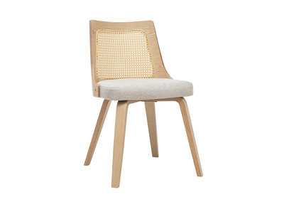 Silla de tejido efecto terciopelo texturizado beige, madera clara y rejilla de rat&aacute;n GARBO
