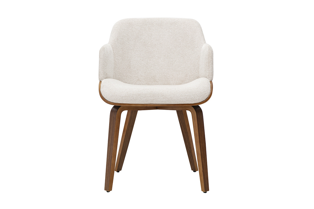 Silla EARL en tela de chenilla beige y madera oscura, vista frontal.