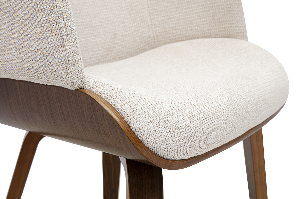 Silla EARL en tela de chenilla beige y madera oscura, vista ampliada.