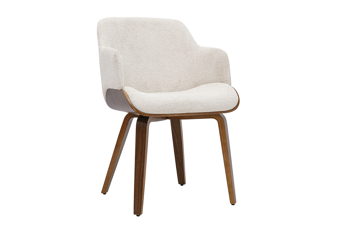 Silla EARL de tela de chenilla beige y madera oscura, vista de 3/4.