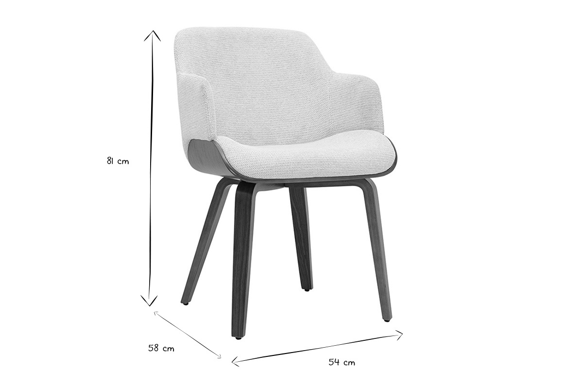 Silla de tela chenilla beige y madera oscura EARL, dimensiones 81x58x54 cm, vista de tres cuartos, negro y blanco.