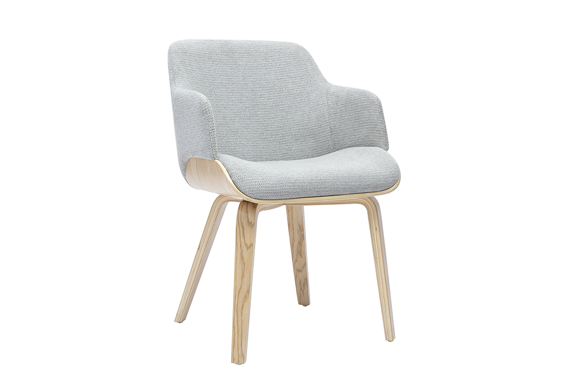 Silla EARL en tela de chenilla gris y madera clara, vista de 3/4.