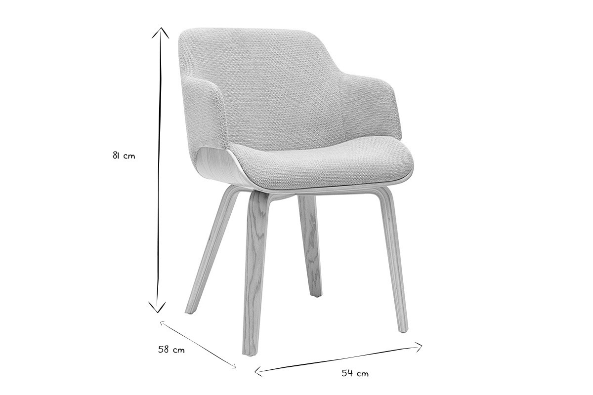 Dimensiones en blanco y negro de la silla de tela de chenilla EARL, 81x58x54 cm.