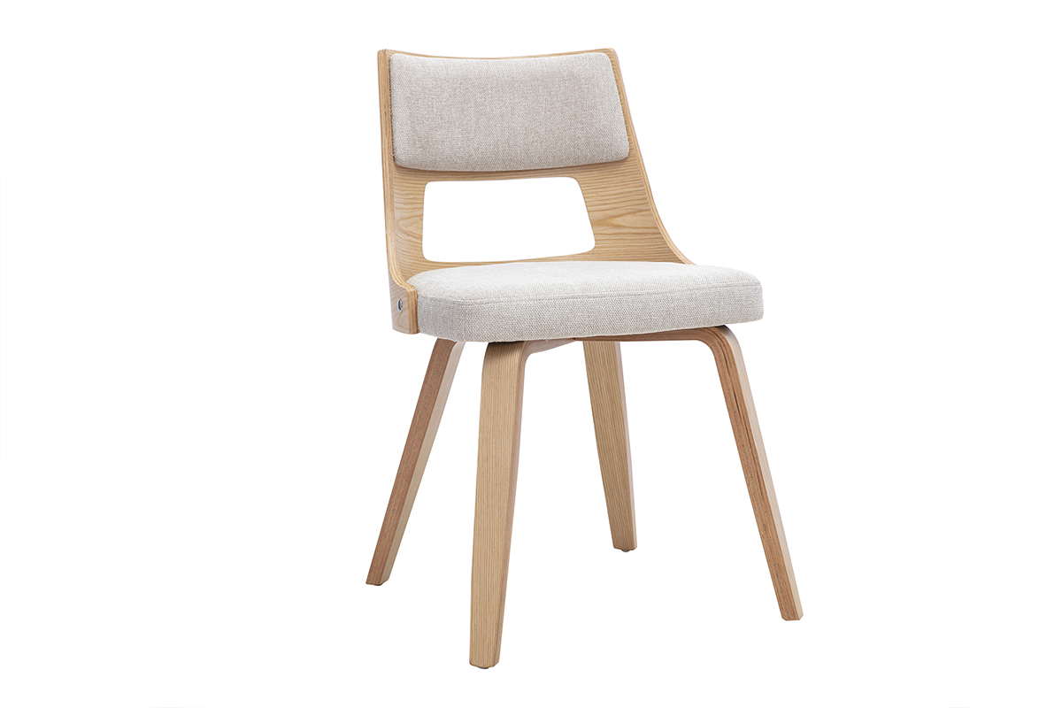 Silla escandinava de tela beige y madera clara, vista de 3/4, dise�o moderno