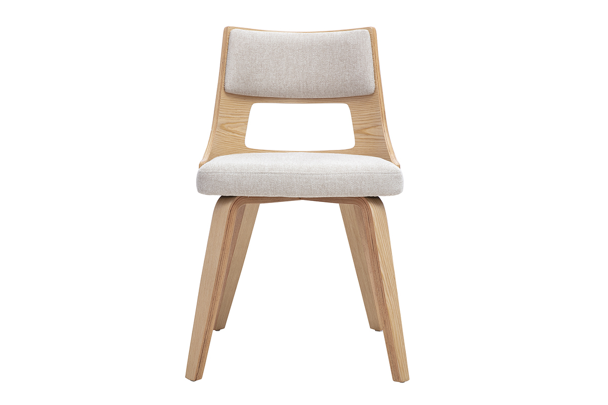 Silla escandinava GARBO en tejido beige y madera clara, vista frontal.