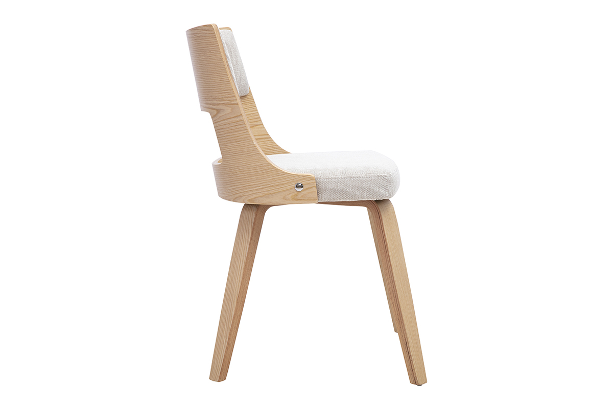 Silla escandinava de tela beige y madera clara, vista de perfil