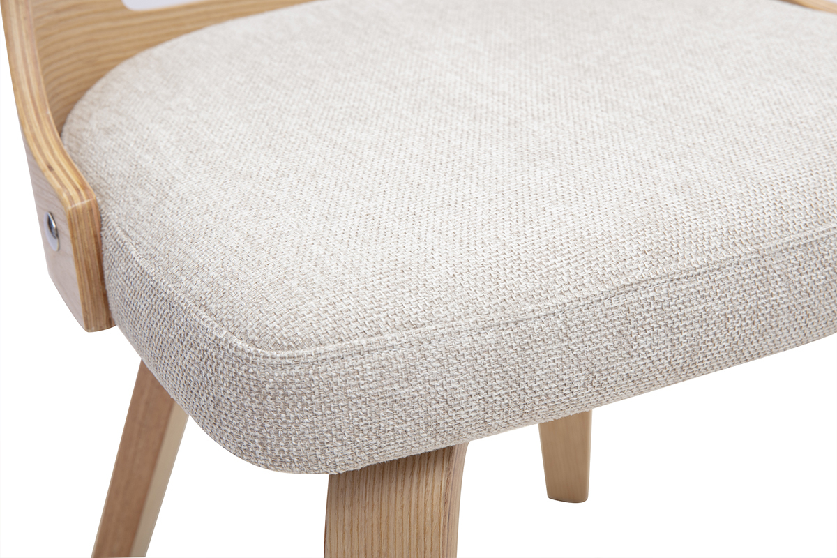 Detalle de la silla escandinava GARBO en tela beige y madera clara, vista de cerca del asiento.