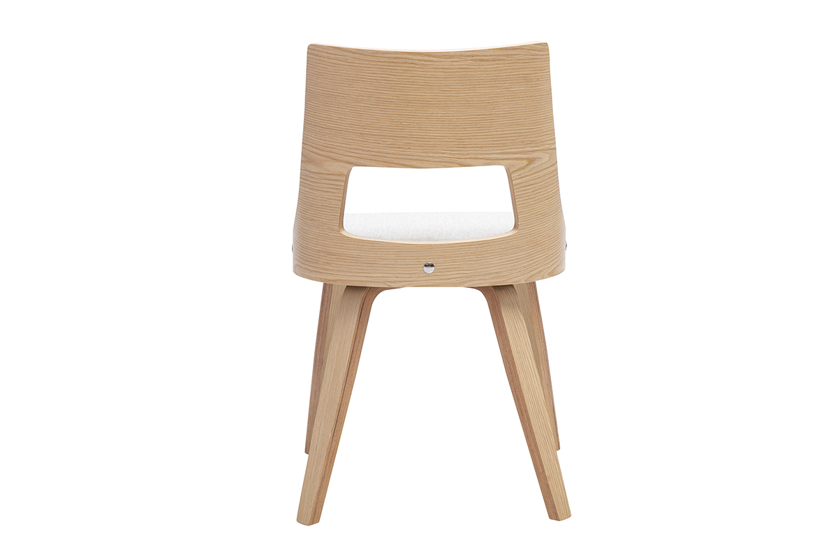Silla escandinava beige de terciopelo texturizado con base de madera clara, vista trasera.