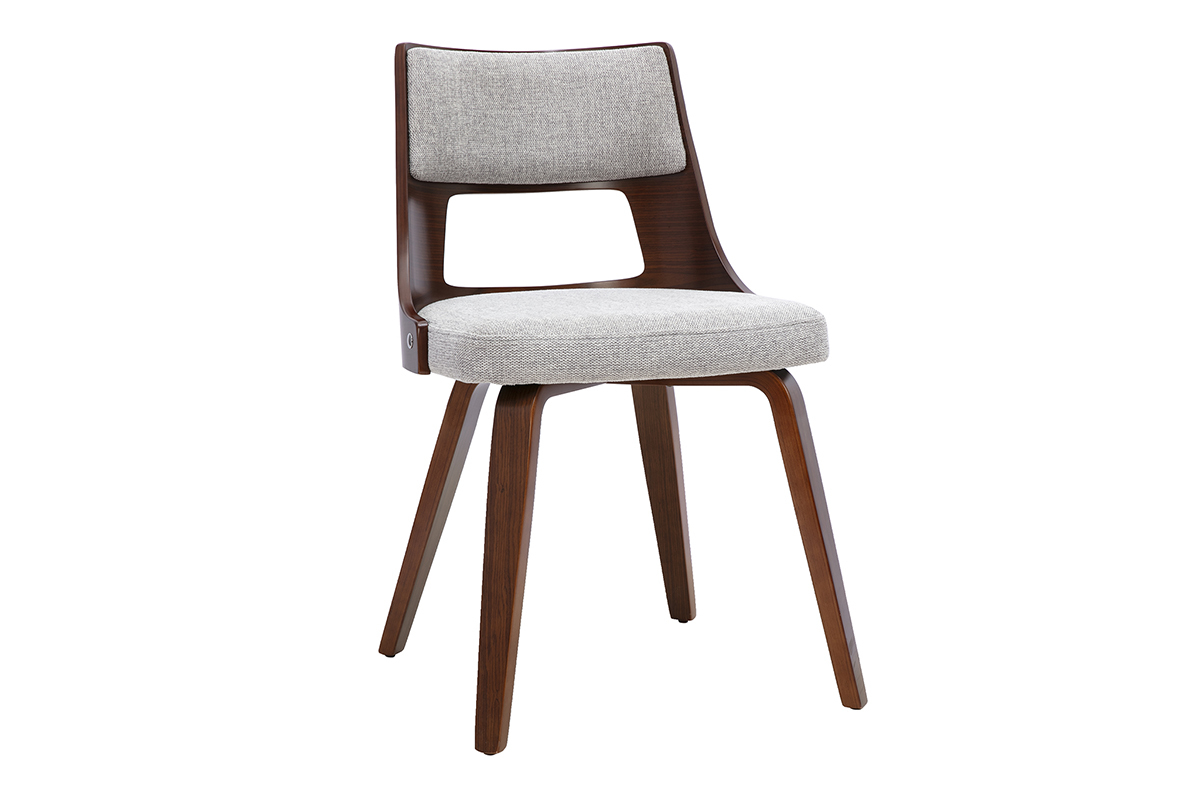 Silla escandinava de tela gris y madera oscura, vista de 3/4.