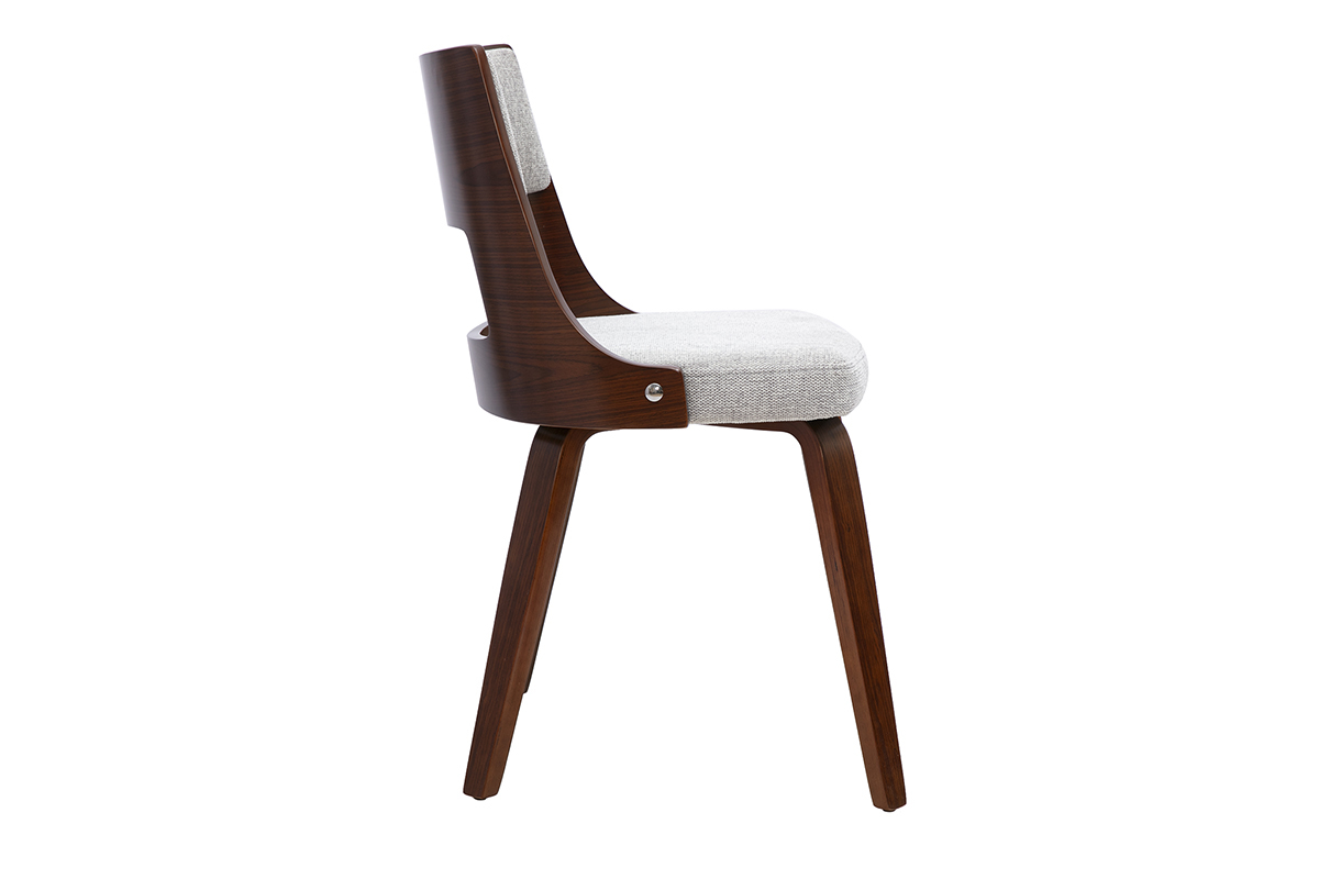 Silla escandinava de tela gris y madera oscura, vista de perfil, dise�o minimalista y moderno.