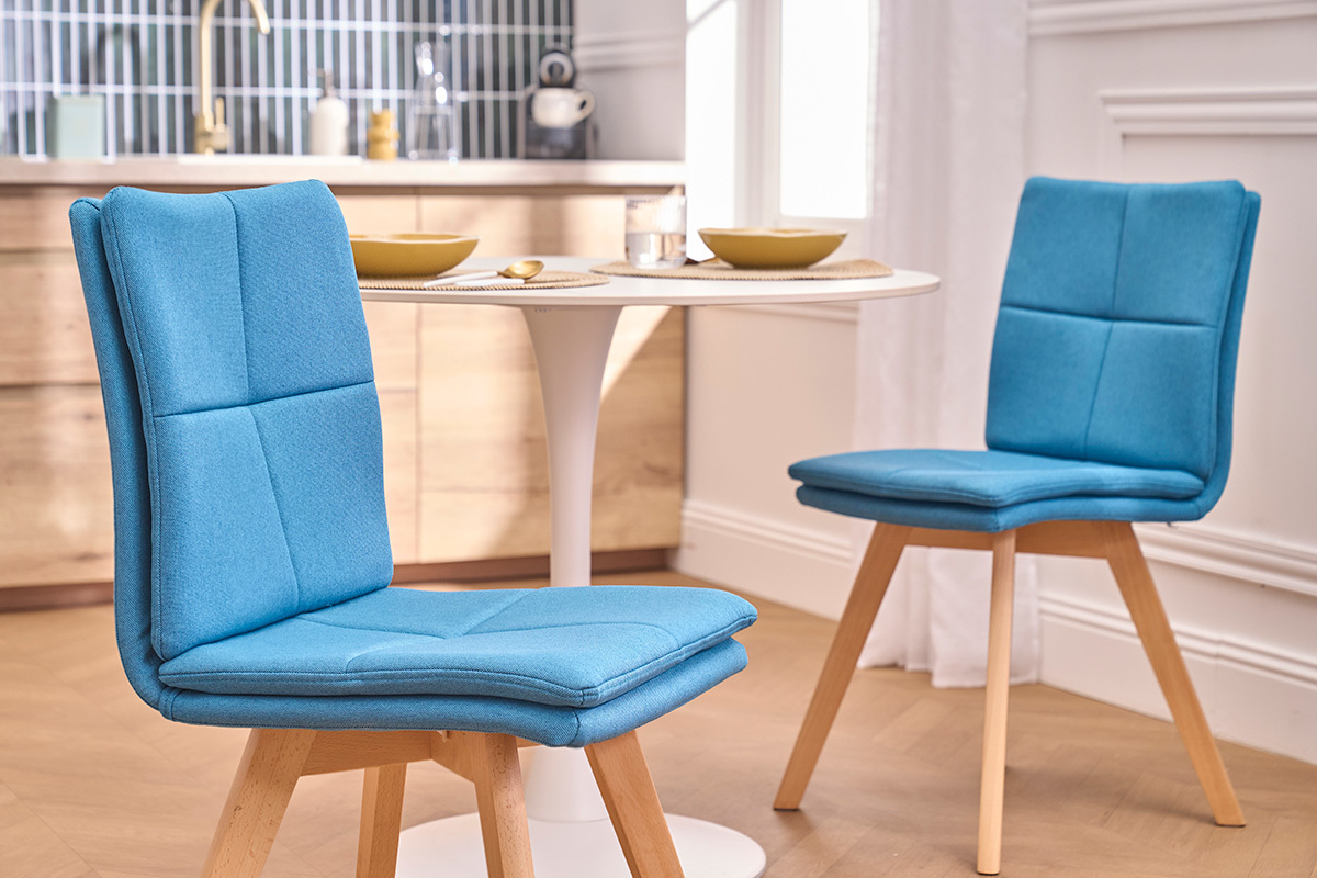 Silla escandinava tejido azul patas madera clara lote de 2 THEA