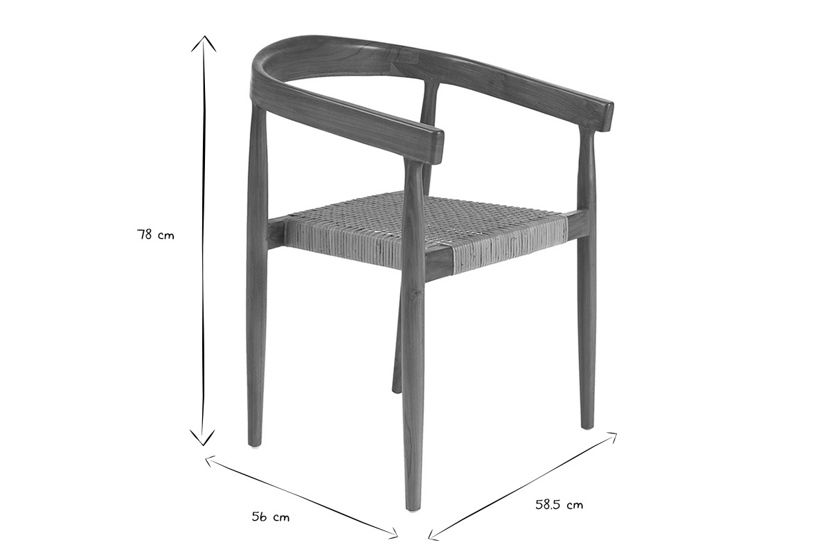 Dimensiones de la silla �tnica de madera de teca maciza y rejilla de rat�n, 78 cm de altura, 56 cm y 58,5 cm de ancho.