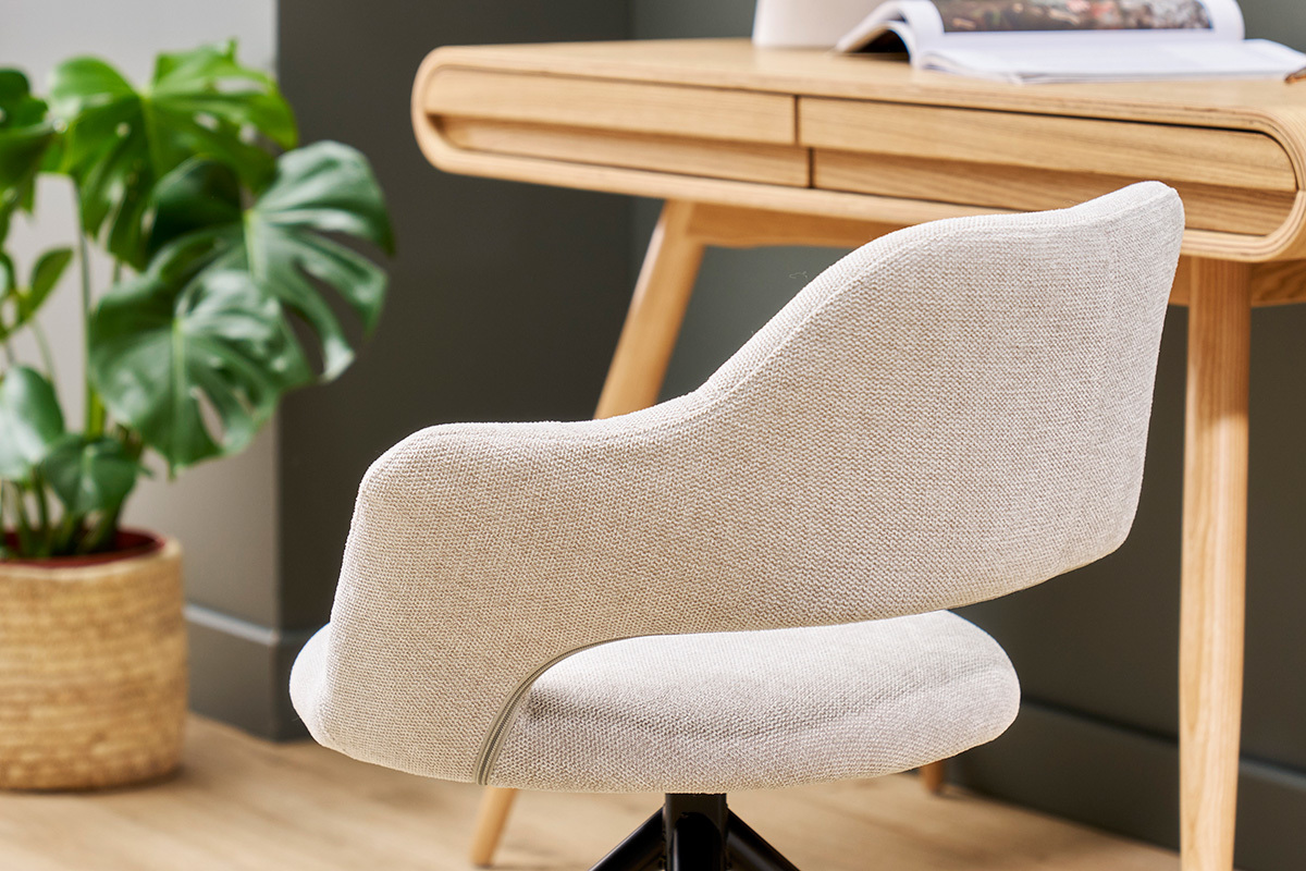 Silla giratoria 360 de terciopelo texturizado beige y metal negro JESSY