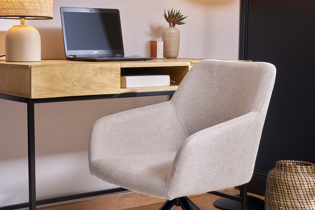 Silla giratoria 360 de terciopelo texturizado beige y metal negro LAURETTE