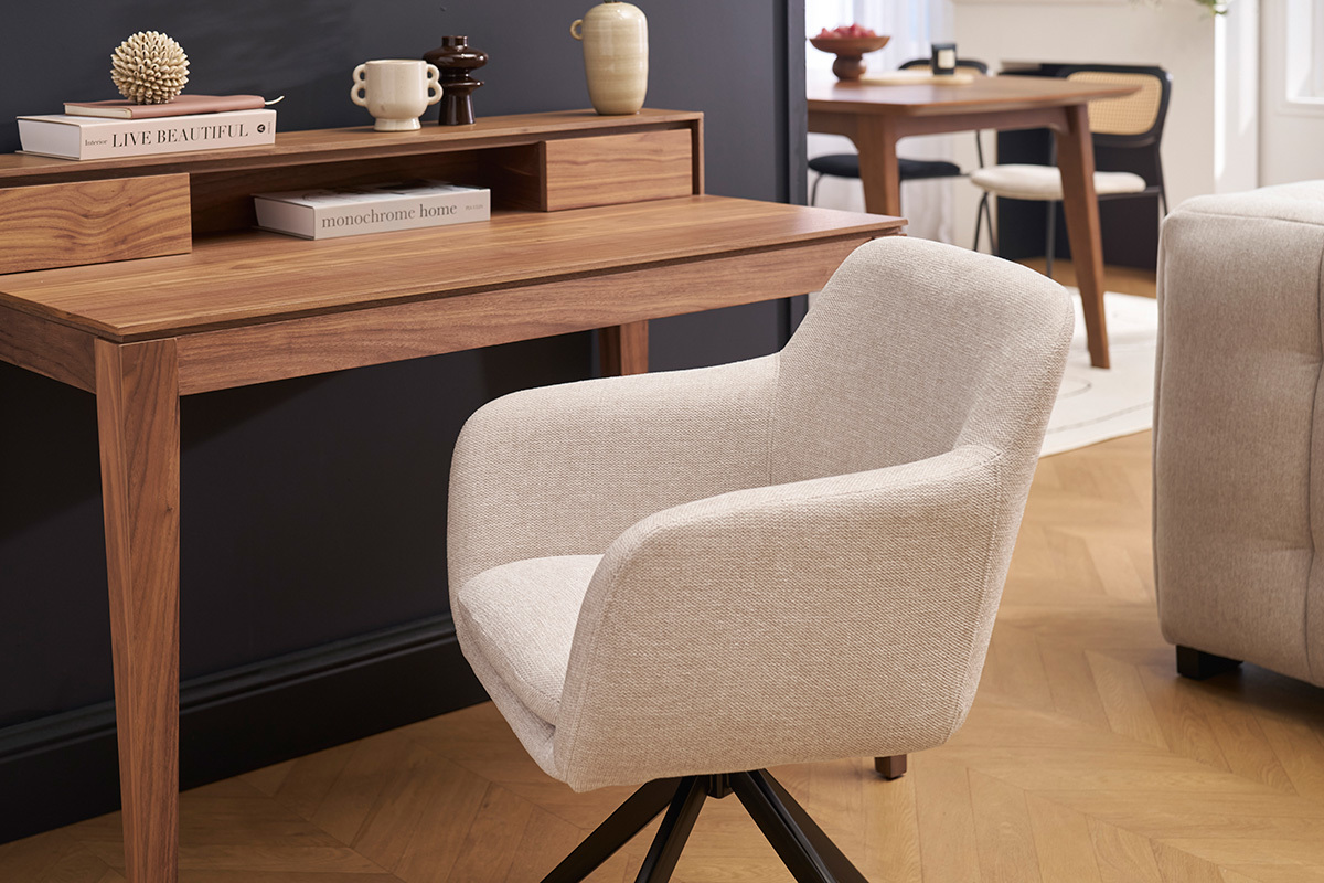 Silla giratoria 360 en tela efecto terciopelo texturizado beige y metal negro AMIKA