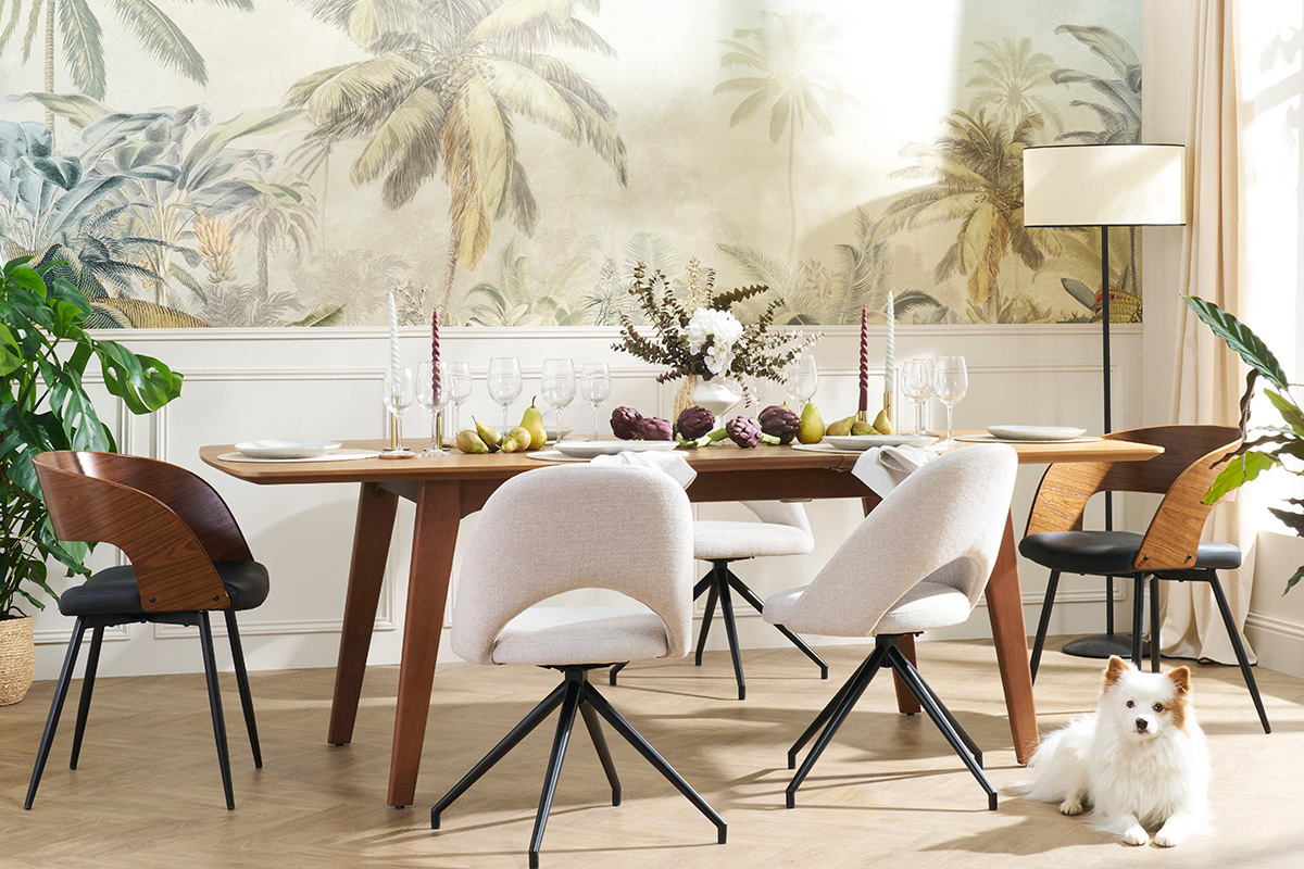 Silla giratoria 360� de tejido efecto aterciopelado texturizado beige y metal negro COSETTE