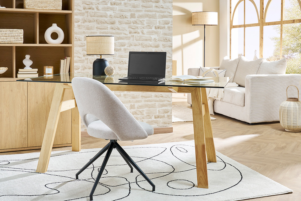 Silla giratoria 360� de tejido efecto aterciopelado texturizado beige y metal negro COSETTE