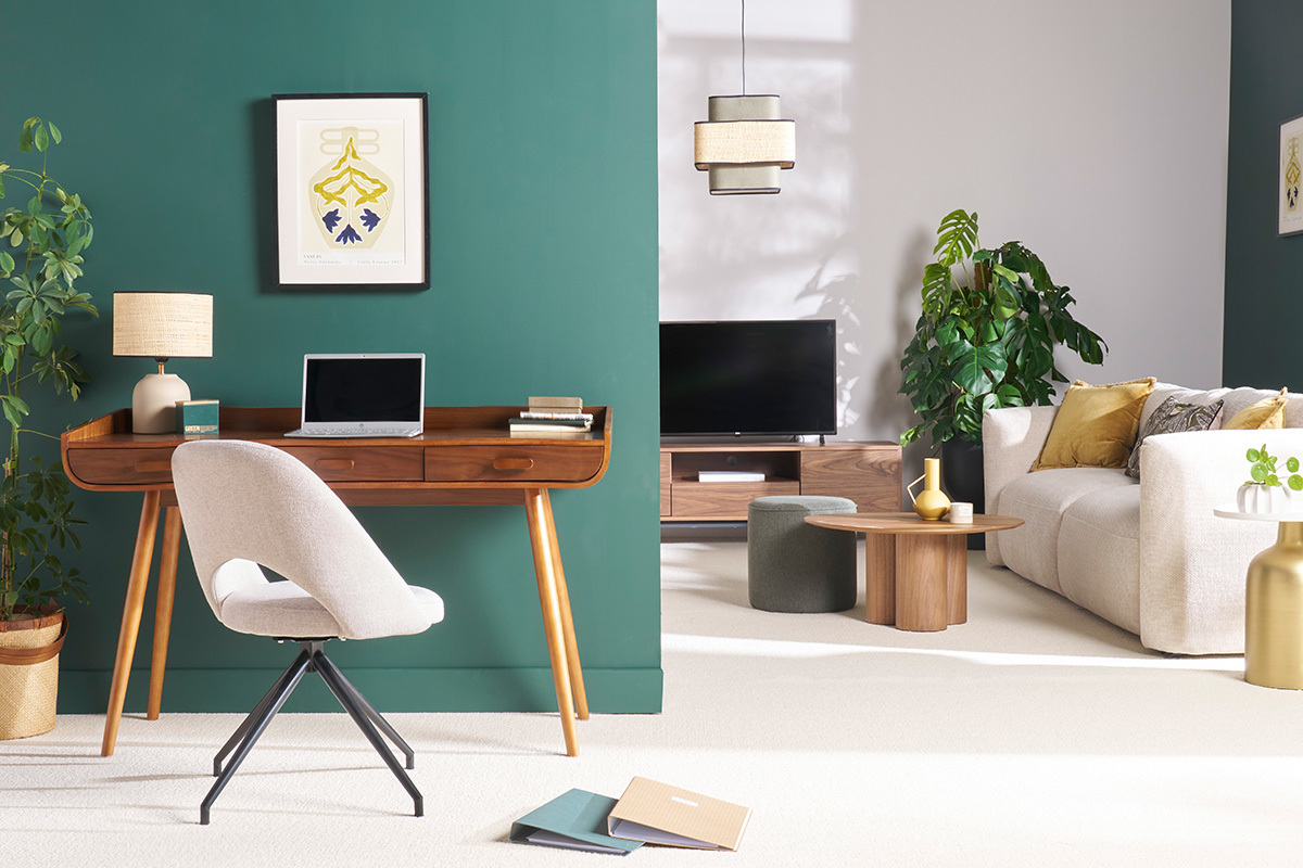 Silla giratoria 360� de tejido efecto aterciopelado texturizado beige y metal negro COSETTE