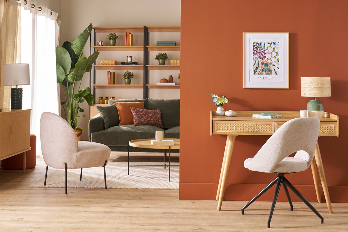 Silla giratoria 360� de tejido efecto aterciopelado texturizado beige y metal negro COSETTE