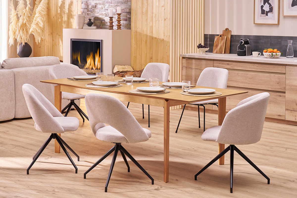 Silla giratoria 360� de tejido efecto aterciopelado texturizado beige y metal negro COSETTE