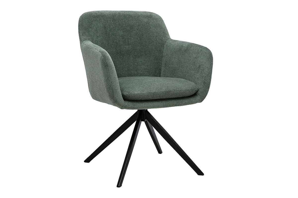 Silla giratoria 360� en tejido de chenilla verde caqui con base de metal negro, vista de 3/4