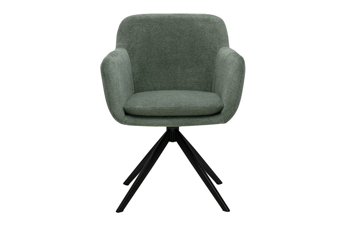 Silla giratoria 360� de tejido chenilla verde caqui y metal negro, vista frontal