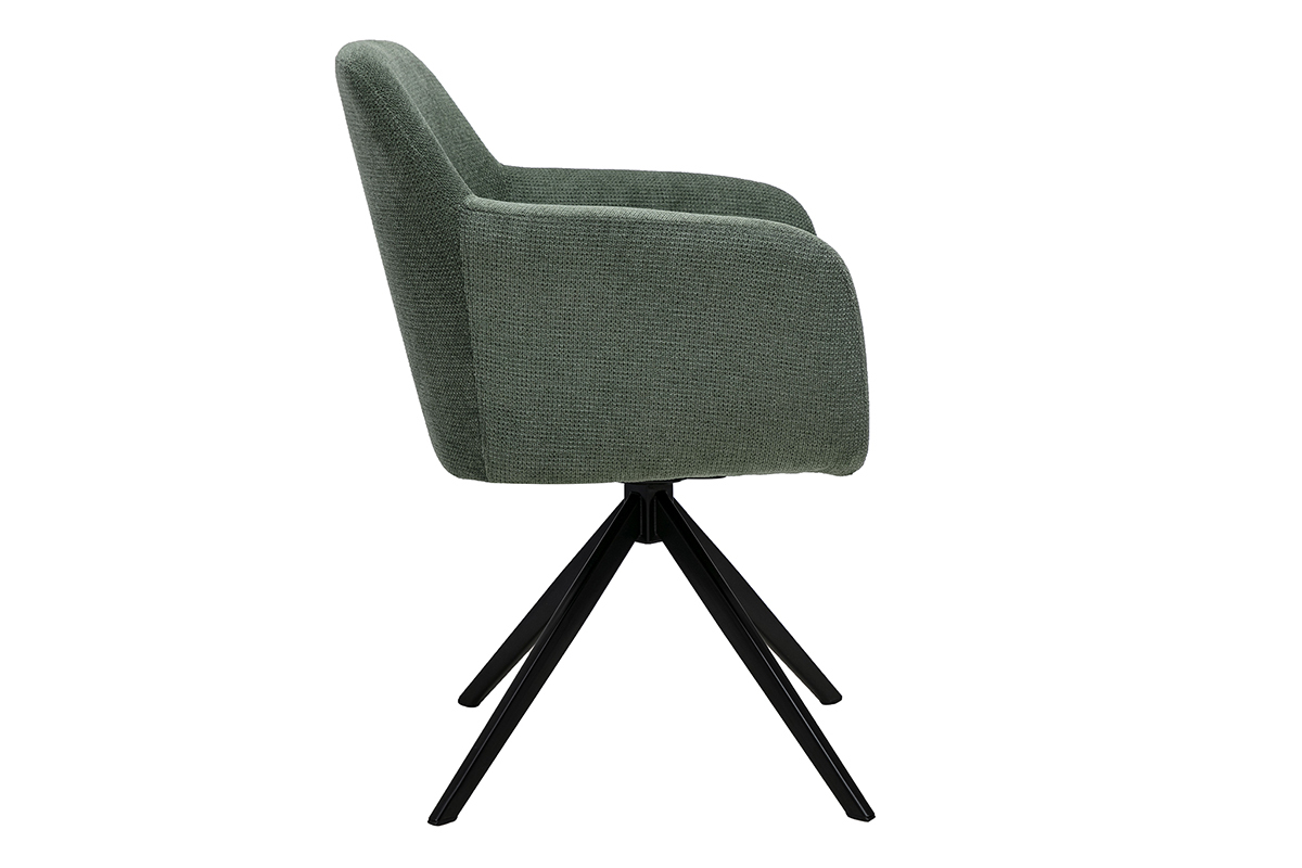 Silla giratoria de 360� en tejido chenilla verde caqui, vista de perfil, con base de metal negro.