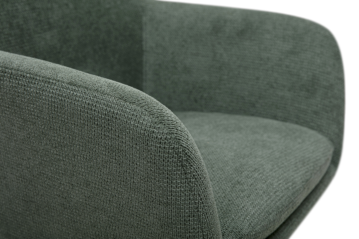 Silla giratoria de 360� en tejido de chenilla verde caqui vista de cerca, detalle del revestimiento.