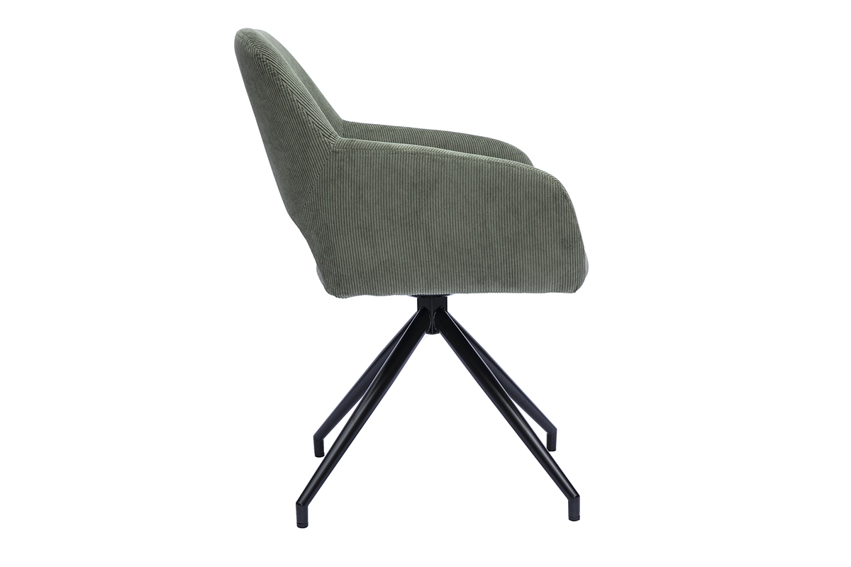 Silla giratoria 360� en tejido de pana verde caqui vista de perfil con base de metal negro.