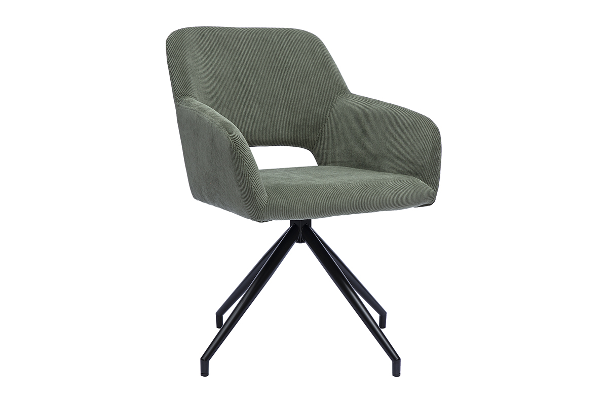 Silla giratoria 360� de tejido de terciopelo acanalado verde caqui sobre base de metal negro, vista en 3/4