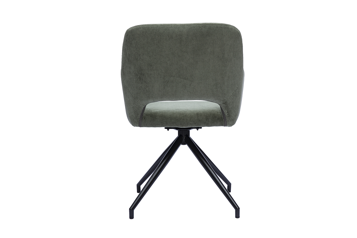 Silla giratoria 360� en tejido de pana verde caqui, vista trasera, patas de metal negro
