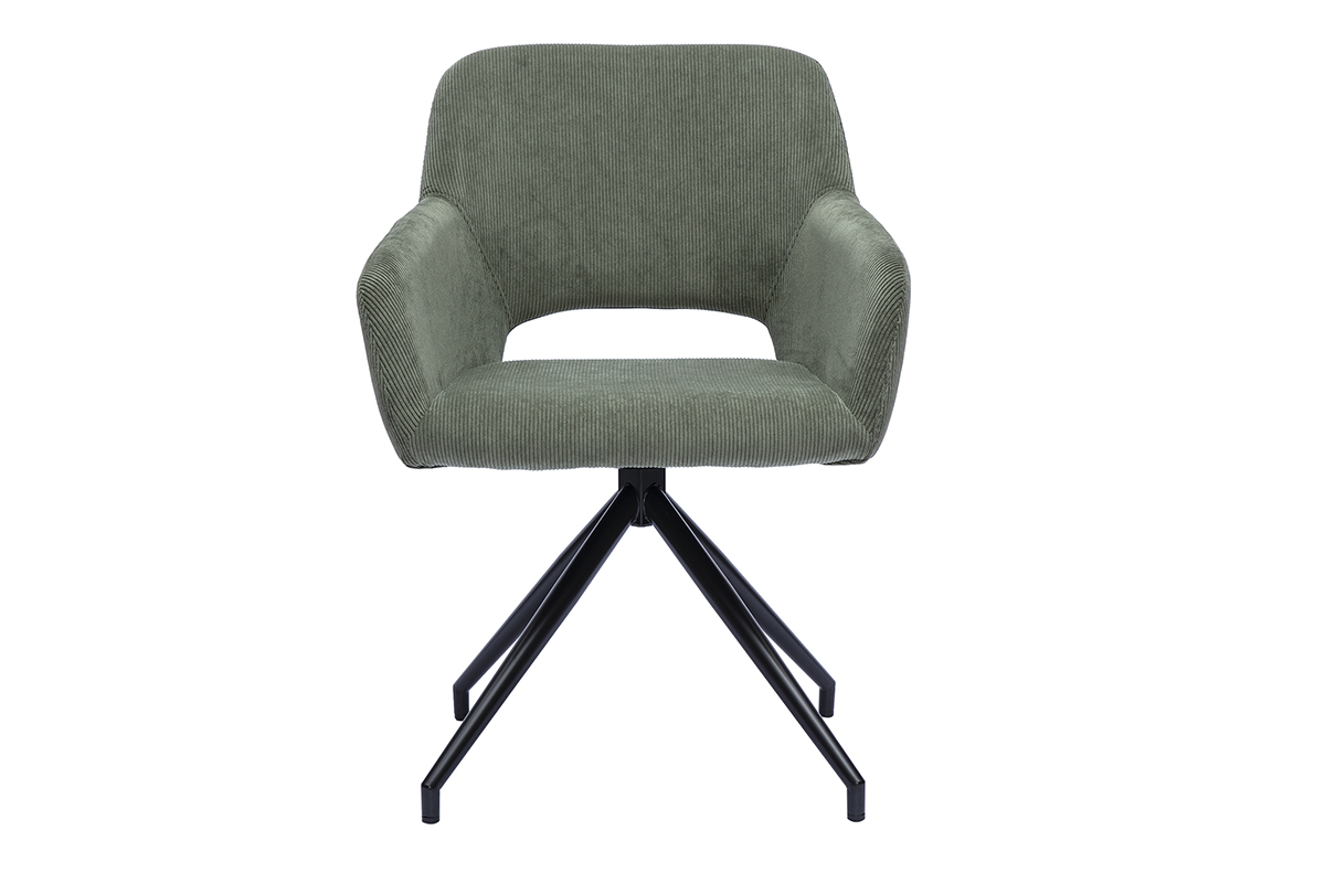 Silla giratoria 360� de tejido de pana verde caqui, vista frontal con estructura de metal negro.