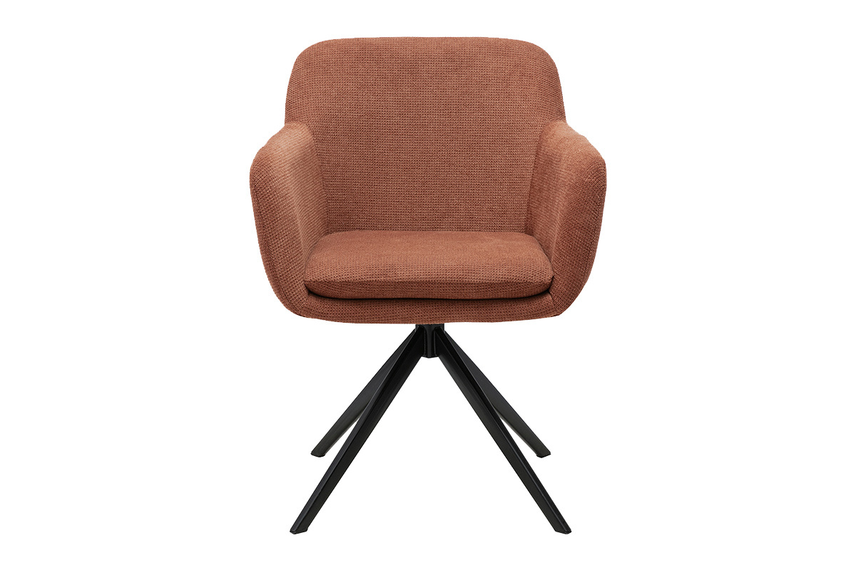Silla giratoria de 360� en tejido chenilla color tierra quemada con base de metal negro, vista frontal.