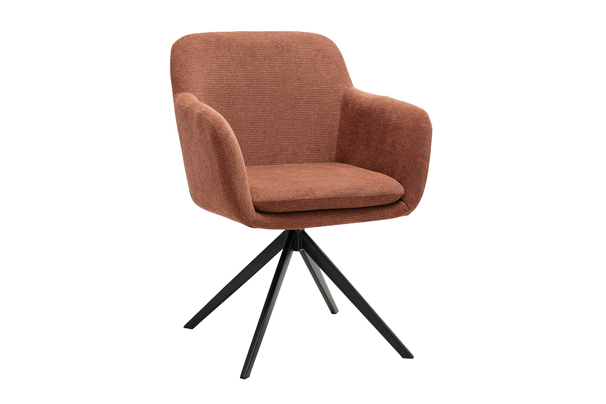 Silla giratoria 360� en tejido chenilla color tierra quemada y metal negro, vista en 3/4.
