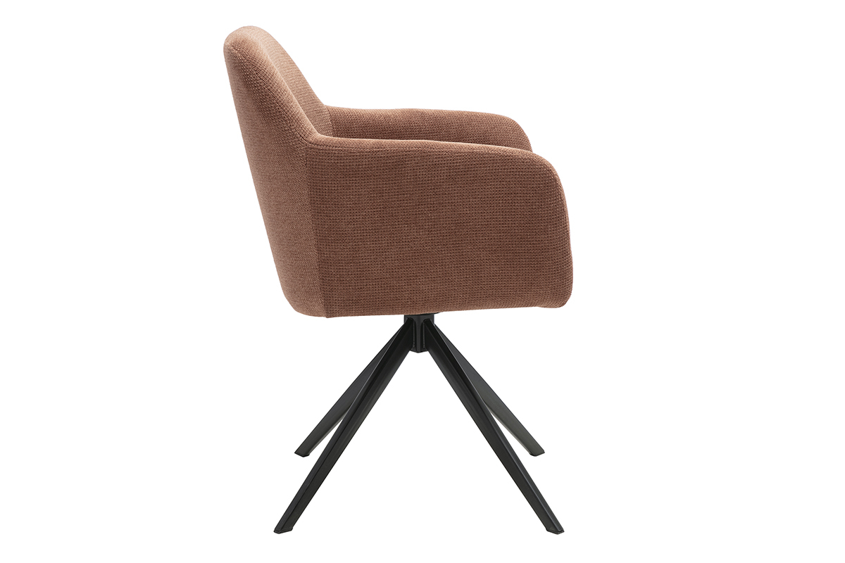 Silla giratoria 360� en tejido de chenilla color tierra quemada, vista de perfil, base de metal negro.