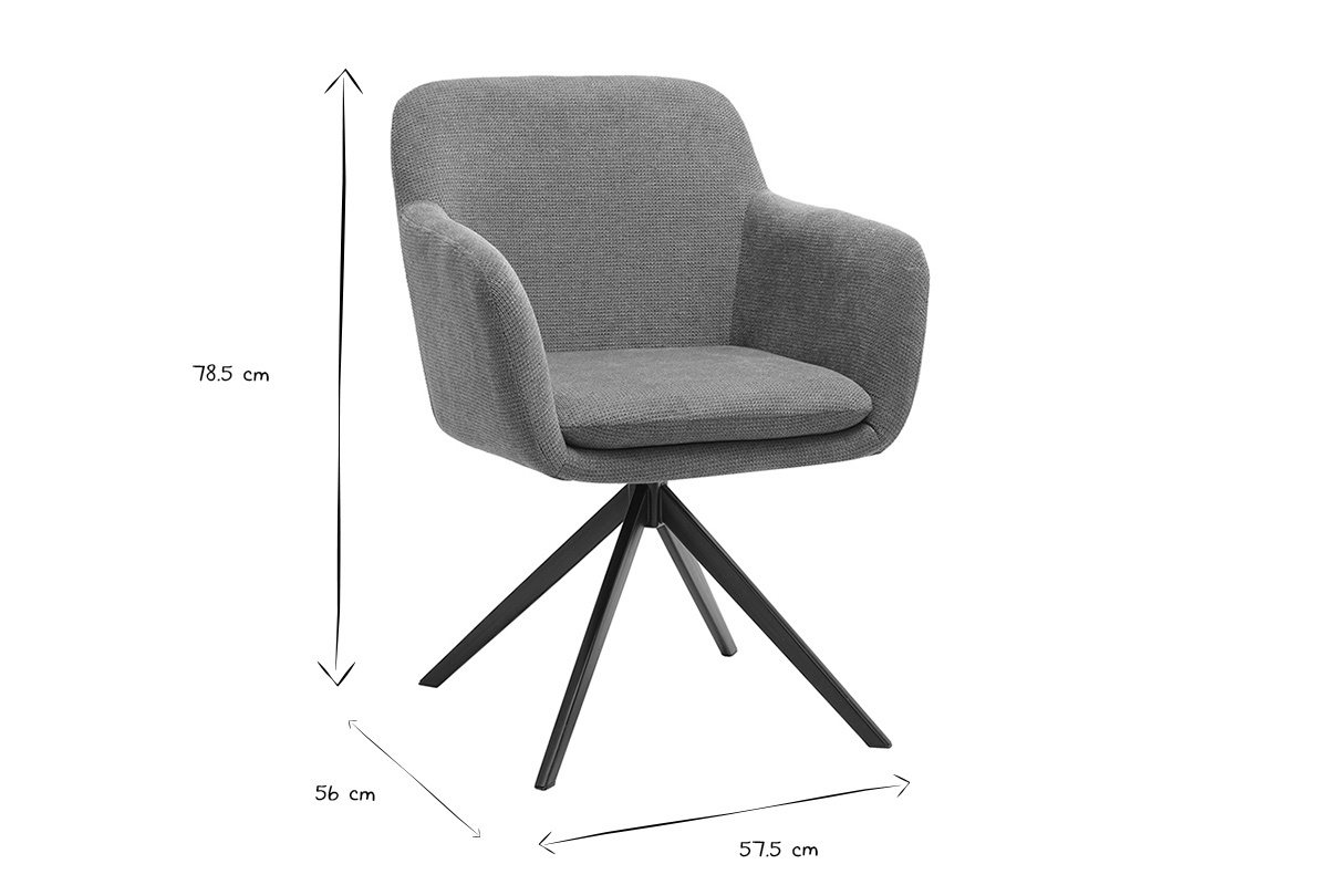 Silla giratoria AMIKA en tejido chenilla, dimensiones: L57,5 x P56 x H78,5 cm, vista frontal en blanco y negro.