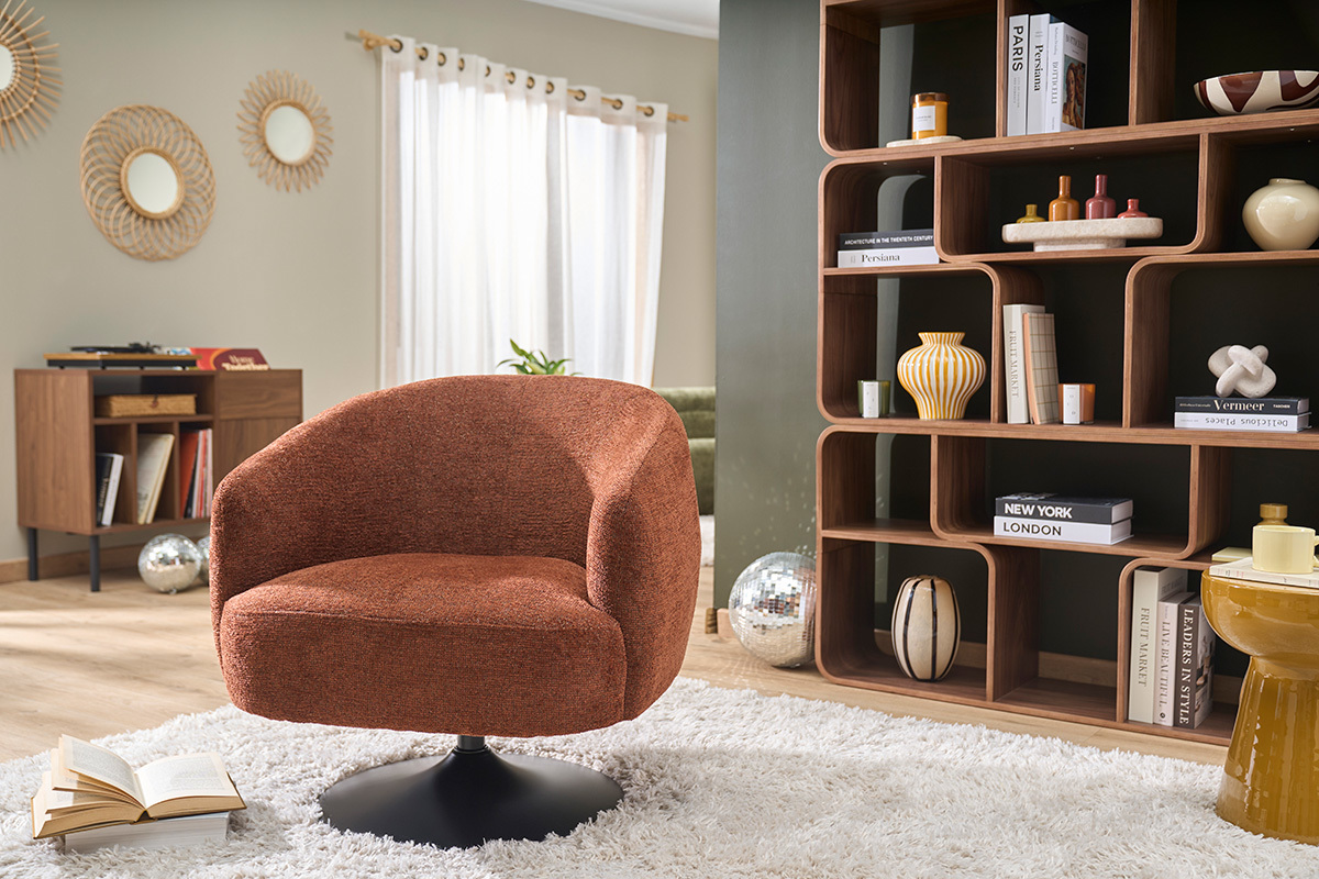 Silla giratoria de tela efecto terciopelo quemado y metal negro BOWIE