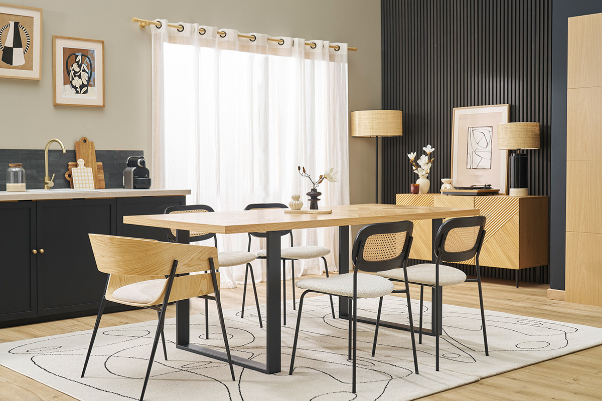 Sillas de diseo de madera clara y tela de chenilla beige (juego de 2) WESS